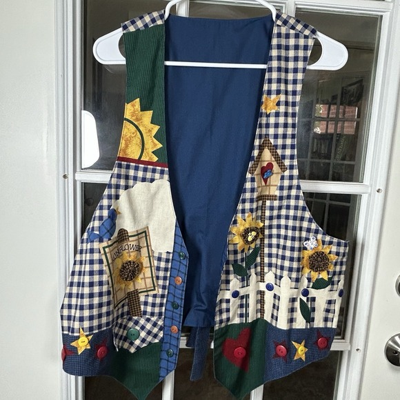 Handmade Jackets & Blazers - Handmade Blue Gingham Sunflower Appliqué Novelty Button Vest Cottagecore OS